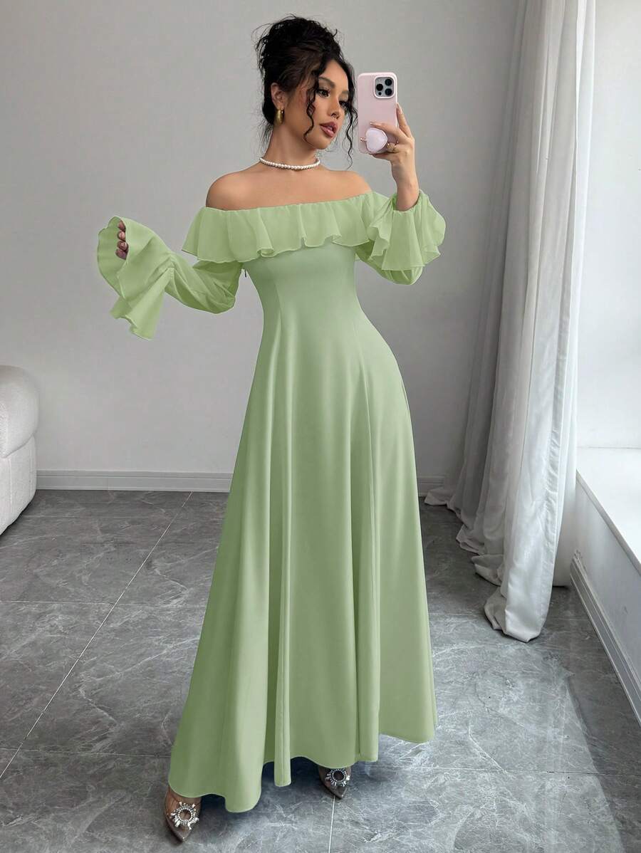 Elenzga 女士时尚露肩长裙 - 綠色 - 查看 1