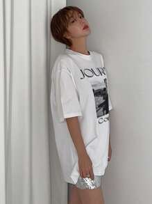 DAZY Women's Oversized Round Neck Letter & Figure Print Dropped Shoulder T-Shirt Graphic Tee Streetwear - White - View 4