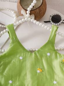 SHEIN 女婴黄色花卉刺绣吊带背心和裙子套装，夏季 - 綠色 - 查看 7