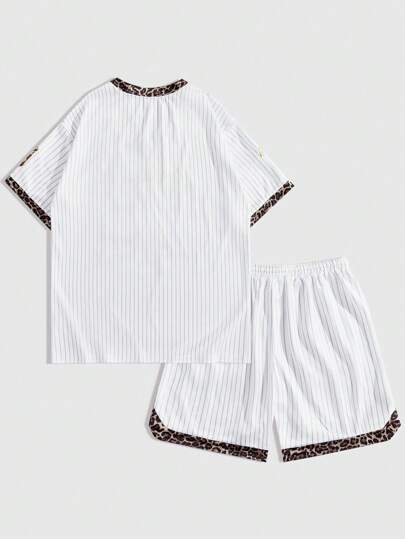 Men's Summer Leopard Print Patchwork Baseball Tee And Casual Shorts Set