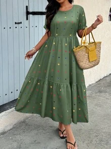 Calvaya Plus Size Heart Print Casual Dress, Vacation Style - Green - View 3