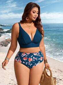 Swim Lushoire Plus Size Ditsy Floral Backless Bikini Top For Summer Beach Vacation - Multicolor - View 3