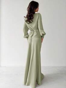 Firerie Women's Elegant Apricot Satin Asymmetric Hem Satin Skirt - Mint Green - View 2