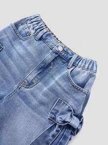 Sparklyn Quần short denim rộng rãi thoải mái, họa tiết nơ, thời trang cho bé gái mới, bán chạy mùa hè 2025, xuân hè, thích hợp cho các buổi đi chơi hàng ngày - Rửa trung bình - Xem 5