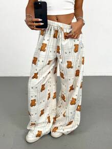 SHEIN PETITE Pantaloni a vita alta a zampa larga con cravatta in vita e motivo a quadri con orsetti cartooneschi per donne