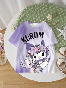 HELLO KITTY AND FRIENDS | SHEIN 年轻女孩字母与卡通图案短袖休闲圆领 T 恤，夏季 - 白色 - 查看 1