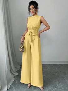 Elenzga Tuta elegante con collo alto, in vita stretta, con smanicato, decorata con perle, color albicocca, adatta come abbigliamento da donna per concerti, eventi eleganti, cerimonie, e per uso quotidiano e pendolarismo, comoda, con gamba ampia, adatta per le stagioni primavera, estate, autunno, inverno