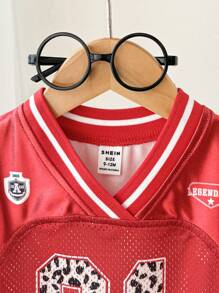 SHEIN Playful Pals 女婴婴儿豹纹数字图案黑色休闲运动街头时尚平纹 T 恤