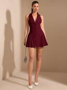 SHEIN BAE 优雅女士厚 A 字裙，适合日常装扮、约会、派对、俱乐部、秋季连衣裙 - 酒紅色 - 查看 3