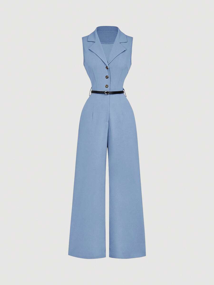 SHEIN MOD 带西装领和腰带的复古棕色连体裤、优雅连体裤、外出连体裤、西式连体裤、度假装 - 藍色 - 查看 1