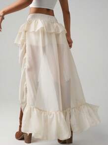 SHEIN ICON Layered Ruffled Hem Chiffon Skirt With Train - Beige - View 2