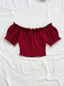 Soleia Phong cách Bohemian, Họa tiết hoa lãng mạn, Phong cách nghỉ dưỡng, Áo kiểu họa tiết hoa chủ đề ngày 4 tháng 7, Áo đi nghỉ mát, Áo đính hạt, Áo dự tiệc, Áo crop top nữ gợi cảm ngày 4 tháng 7, Áo crop top co giãn xếp ly trễ vai, Áo thun ngắn tay đa năng, Áo dự tiệc. - Màu đỏ tím - Xem 2