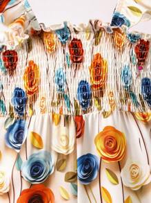 Baby Girls Sleeveless Square Neck Floral Print Jumpsuit: Adorable Shirred Long Jumpsuit For Summer - Multicolor - View 4
