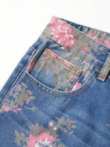 ROMWE MEN Men's Floral Print Patch Pocket Distressed Loose Casual Denim Shorts, Vacation - Blue - View 5