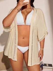 Swim Lushoire Plus Size Solid Color Hollow Out Casual Vacation Batwing Sleeve Kimono For Summer - Apricot - View 1
