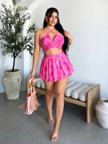 SHEIN SXY 女士度假扎染短款露背上衣和百褶迷你裙两件套，性感，女士春季服装，度假，女士套装，度假两件套，海滩度假服装，伊比萨岛服装，粉色，性感 - 彩色 - 查看 4