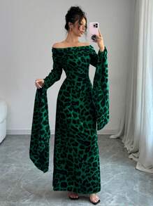 Elenzga 女士豹纹露肩超长袖优雅连衣裙长款女装