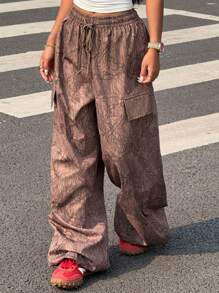SHEIN EZwear Women's Branch Print Drawstring Waist Loose Fit Wide Leg Casual Pants - Multicolor - View 7