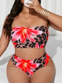 Swim Vcay Plus Size Leopard & Tropical Floral Random Print Swimsuit Set For Summer Beach Vacation - Red - View 3