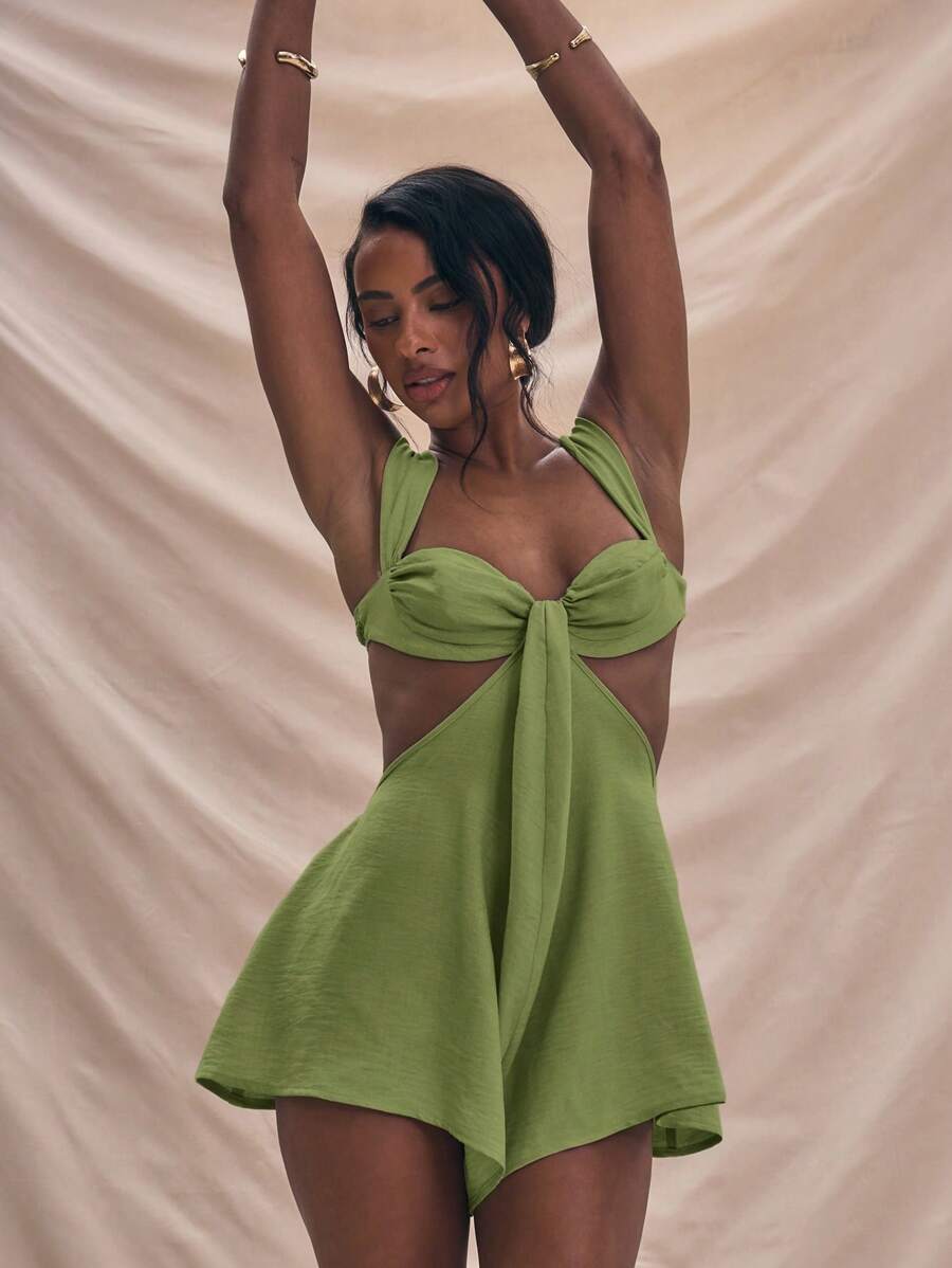 MUSERA Flowy Short Playsuit Draped Front Bust Cups Underwire Detail Cut Out Sides Open Back Vacation Boho Western Spring Summer Vacation Beachwear Elegant Ibiza Holiday Wedding Guest Date Night Sexy Evening Bohemian - Olive Green - View 1