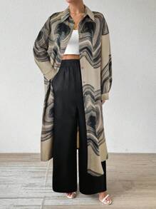 SHEIN Clasi Bộ quần áo dài tay thường ngày cho nữ (Áo in họa tiết, quần trơn màu), Mùa thu - Màu Khaki - Xem 3