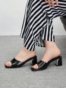 CUCCOO BIZCHIC Women Summer New Stone Texture Embossed Solid Color Square Toe Metal Chunky Heel All-Match Versatile Commuter Black Ladies High Heel Sandals Slippers Office Workwear Fashion - Black - View 4