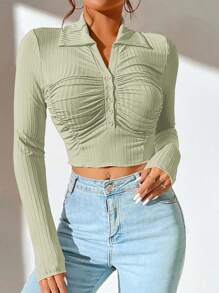 SHEIN EZwear Áo thun nữ Xù Gân đan màu trơn Giải trí - Màu xanh Ô liu - Xem 4