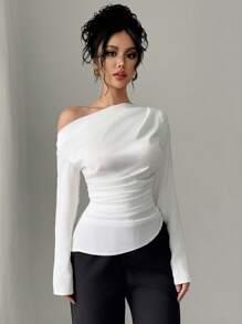 SHEIN PETITE Blusa elegante de manga larga con pliegues y hombros oblicuos de unicolor simple para mujer - Blanco - Ver 4