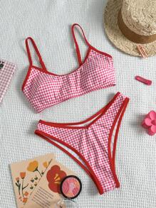 Swim Mod 2pcs Women Checkered/Random Print Spaghetti Strap High Cut Cute Bikini Set, Summer - Red and White - View 1