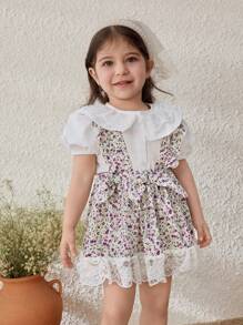 Blossori Baby Girls Elegant Ruffled Collar Blouse & Ditsy Floral Suspender Skirt 2 Pieces Sets, Spring/Summer - Multicolor - View 5