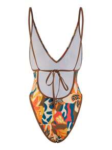 Swim SXY Women's Deep V-Neck Backless Bowknot Tie Floral Printed Sexy One-Piece Swimsuit, Summer Beach - Multicolor - View 5