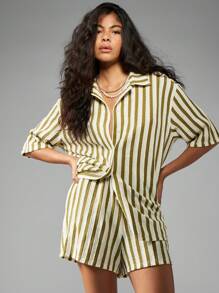 MISSGUIDED 条纹短裤夏季度假装休闲宽松海滩度假日地中海风格舒适短裤 - 綠色 - 查看 5