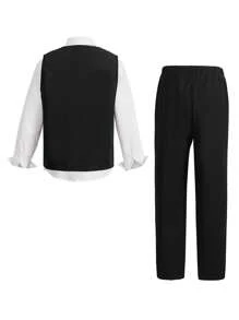 SHEIN Tween Boys 2pcs Set Gentleman Outfit: Double-Breasted Vest + Long Pants + Necktie Formal Costume For Birthday Party, Wedding, Anniversary, Baptism, Graduation - Black - View 2