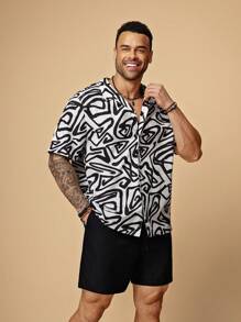 EASEVO Plus Size Men Casual Loose Black & White Woven Short Sleeve Shirt & Shorts Set