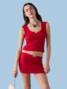 COUREZ Pointelle Jersey Tube Mini Skirt Y2K Vintage - Red - View 4