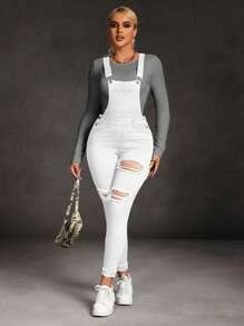 SHEIN SXY Women's Wide Strap Button Pocket Casual Denim Jumpsuit - White - View 3