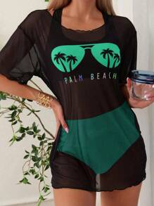 SHEIN Swim 黑色挖領短版上衣 + 綠色三角泳褲比基尼套裝，搭配圖案與字母印花透視短袖罩衫，適合夏季海灘度假 - 綠色 - 查看 4