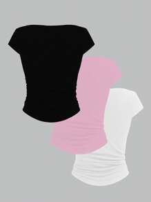 INAWLY Set da 3 Bluse casual da donna in tinta unita, maniche corte, plissettate