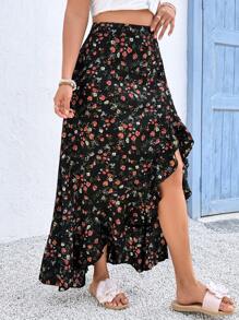Breezaya Plus Size Asymmetric Hem Ditsy Floral Skirt, Suitable For Holiday & Music Festival - Multicolor - View 5