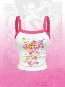 Winx Club X ROMWE 女士撞色粉色蕾丝图案吊带背心