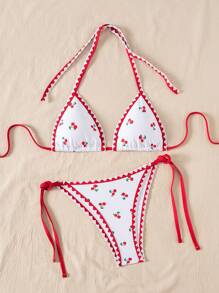 SHEIN Swim 全新女式 2 件套热带水果印花荷叶边撞色边吊带比基尼泳装套装，夏季度假海滩休闲服装 - 彩色 - 查看 7