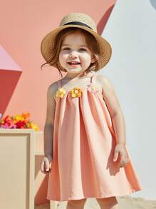 SHEIN Vintaside Kids Baby Girl Embroidered Strap Dress, Summer Vacation - Baby Pink - View 6