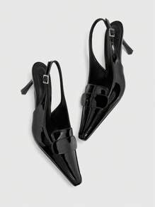 CUCCOO BIZCHIC Giày cao gót đế nhọn có khóa điều chỉnh bằng da bóng cho nữ - màu đen - Xem 6