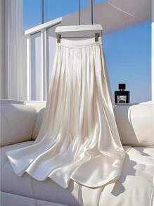 Franclia 女士缎面 A 字褶皱松紧腰裙，夏季裙子 - 白色 - 查看 1