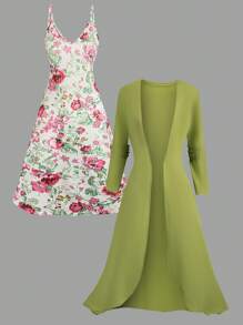 EMERY ROSE 时尚欧美风印花无袖开衫背心套装 绿色 - 綠色 - 查看 1