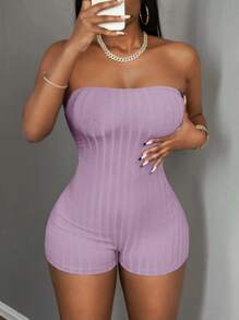 Slaydiva Women's Purple Rib-Knit Strapless Sleeveless Short Unitard: Semi-Sheer Knitted Fabric For A Flirty Look - Purple - View 6