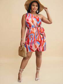 Travachic Plus Allover Print One Shoulder Knot Side Wrap Hem Summer Dress - Pink - View 5