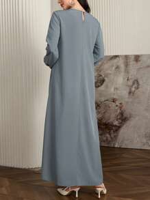 Al Najma 女士优雅长袖阿拉伯风格连衣裙，饰有串珠装饰，优雅的 A 字型阿拉伯连衣裙，适合日常休闲、端庄 - 灰色 - 查看 2