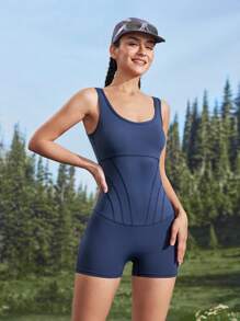Gameset SHEIN Sport Women's Sleeveless Simple Fitted Patchwork Activewear Jumpsuit - Blue - View 6