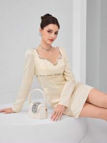 Modelyn 优雅长袖女士连衣裙，领口饰有水钻，正式场合穿着，米色，女士派对礼服，舞会礼服 - 黃色 - 查看 1